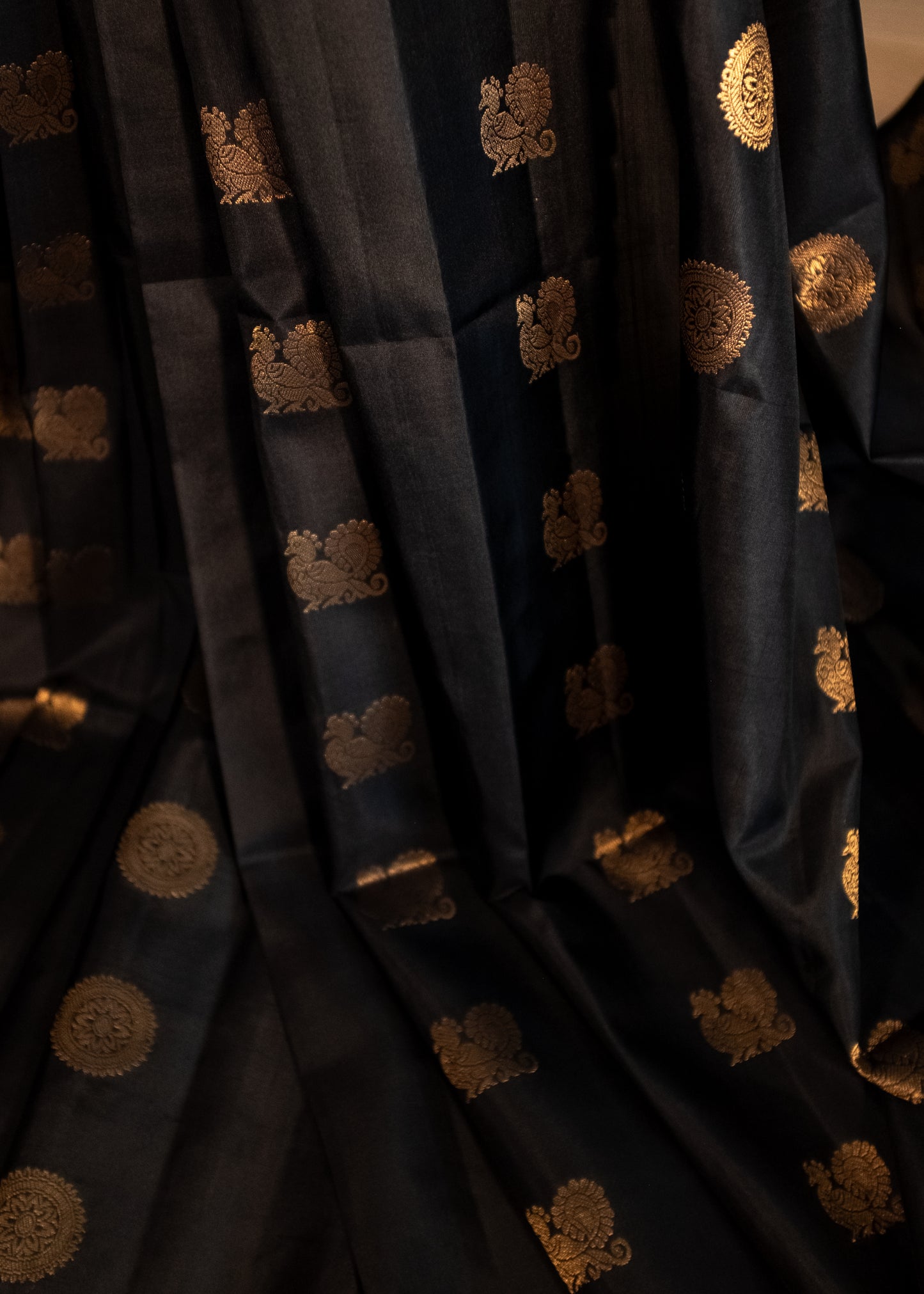 Pure Handloom Kanchivaram Soft Silk Saree - Black with Gold Motfis