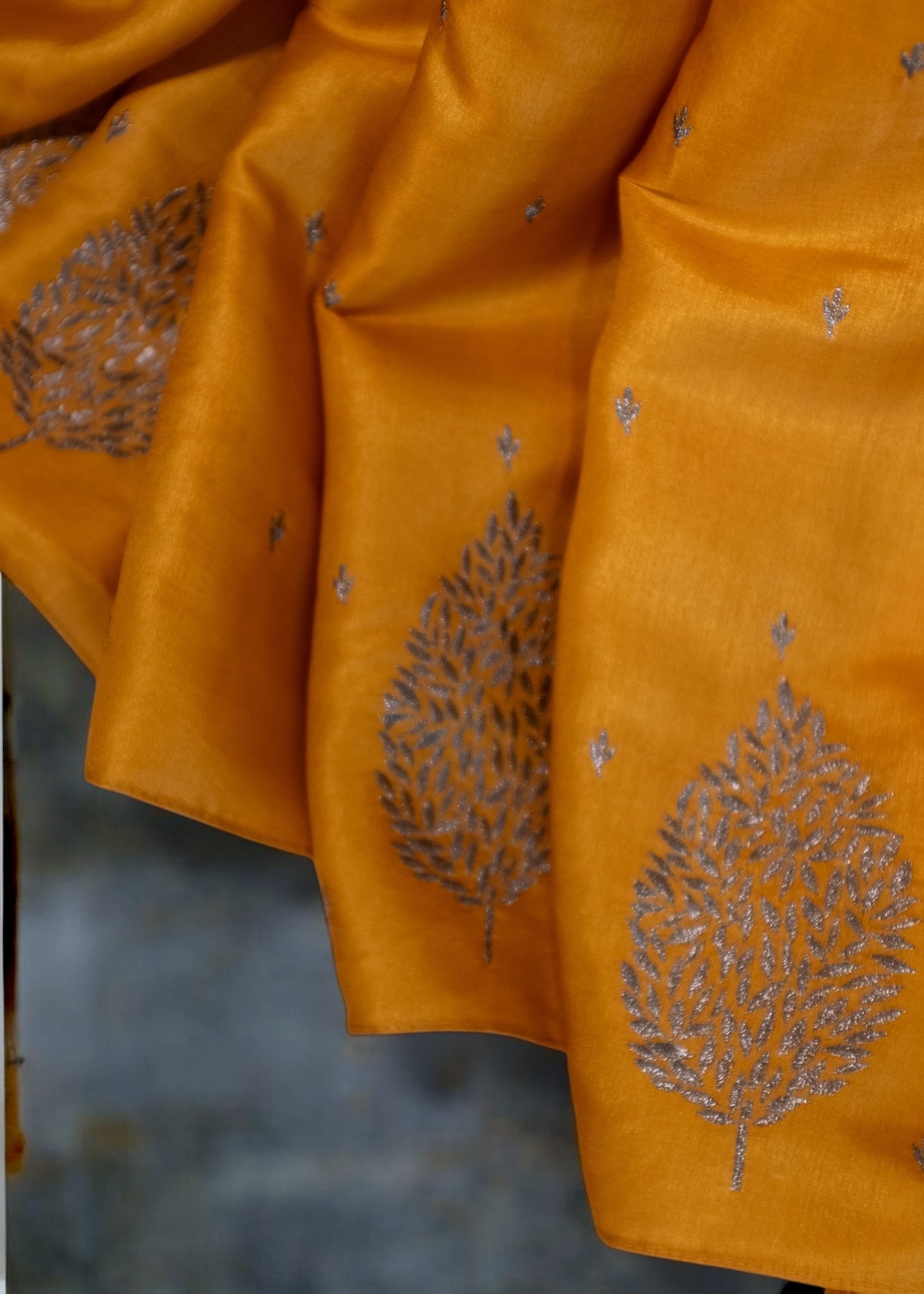 Yellow Butter Silk Saree with Grey Motifs