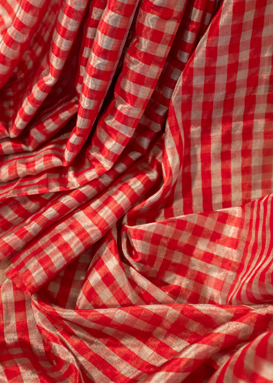 Red & Silver Checkered Pure Chanderi Handloom Tissue Soft Silk Saree