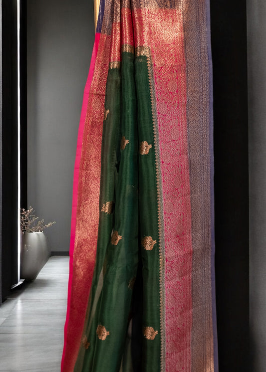 Bottle Green Banarasi Organza Silk Saree(handloom)