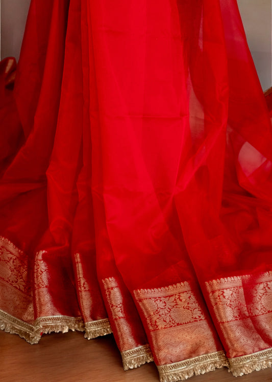 Bright Red Organza Silk Saree