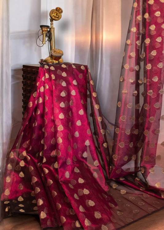 Maroon Glass Tissue Saree with Stone Embellishments