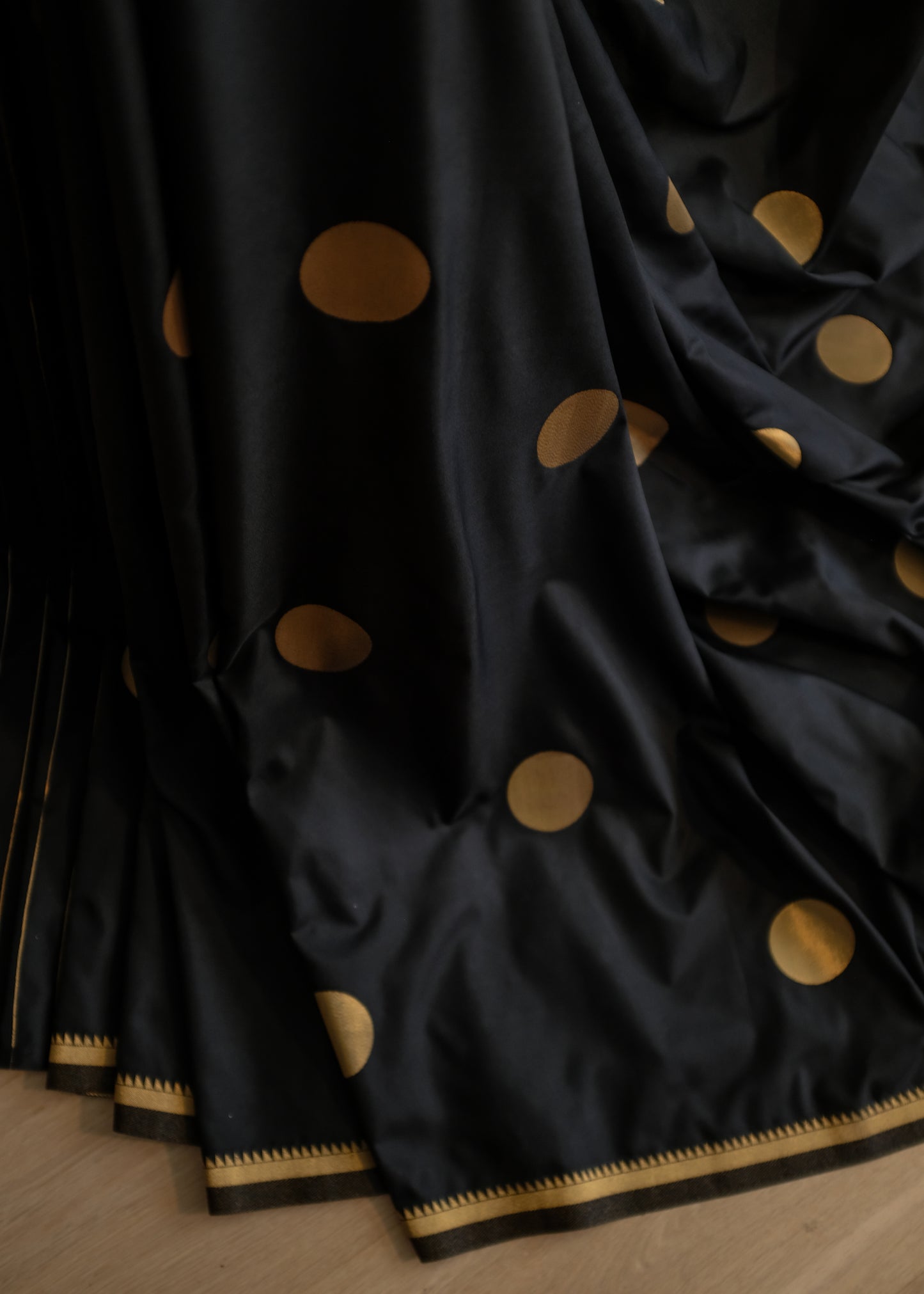 Black Semi Katan Silk - Polka Dot Saree