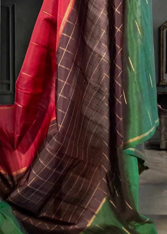 Maroon-Black-Green Pure Kanchivaram Silk Saree