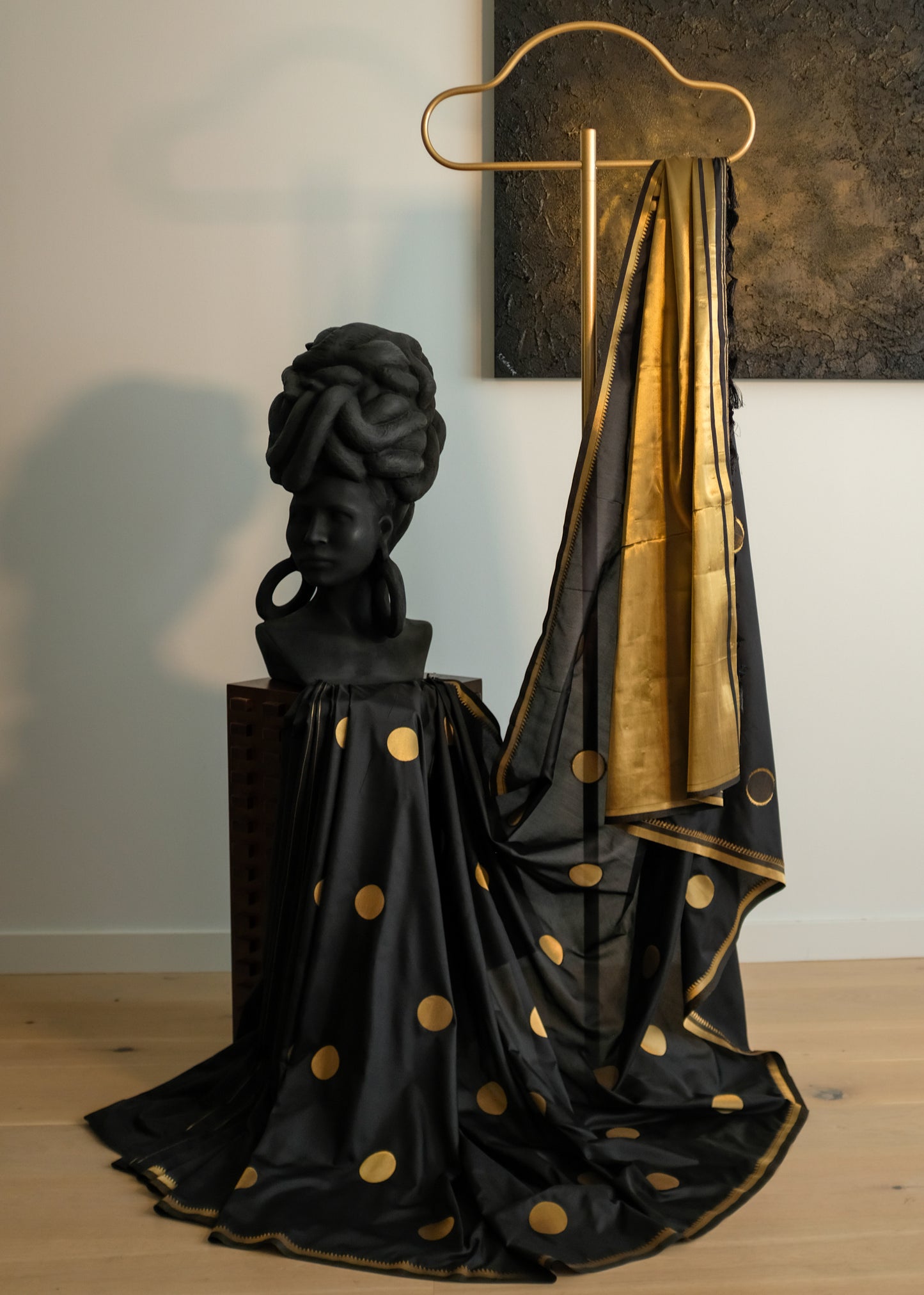 Black Semi Soft Silk - Polka Dot Saree