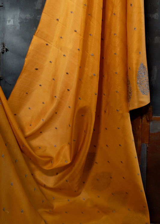 Yellow Butter Silk Saree with Grey Motifs
