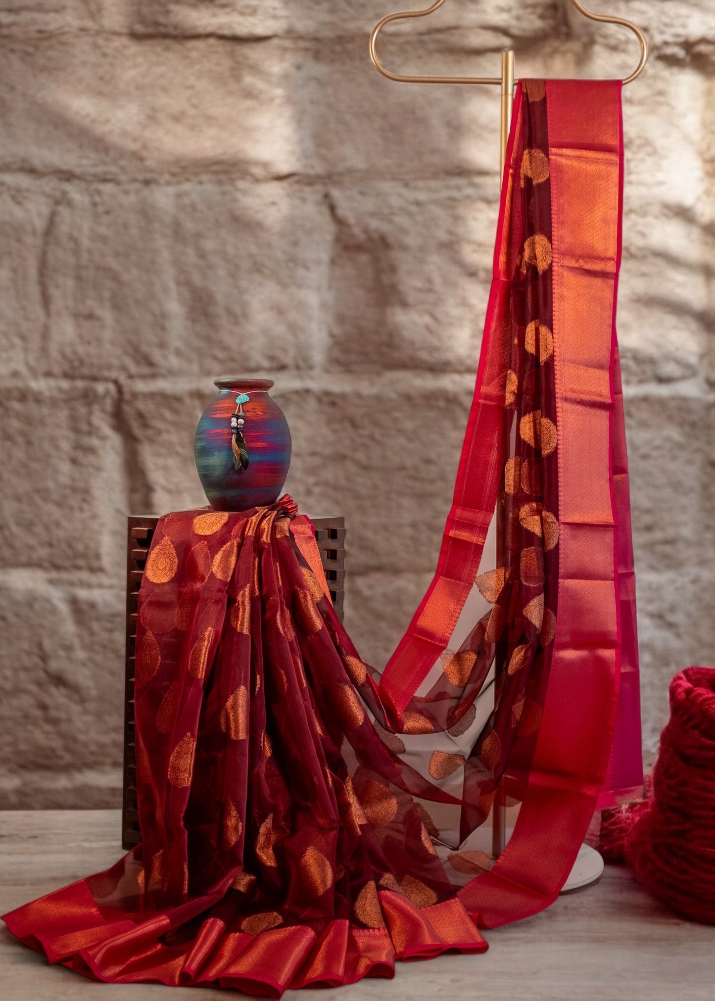 Reddish Maroon Banarasi Organza Silk Saree