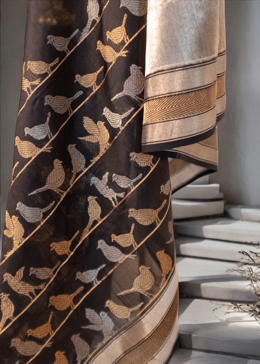 Black Chanderi Handloom Soft Silk with Bird Motifs