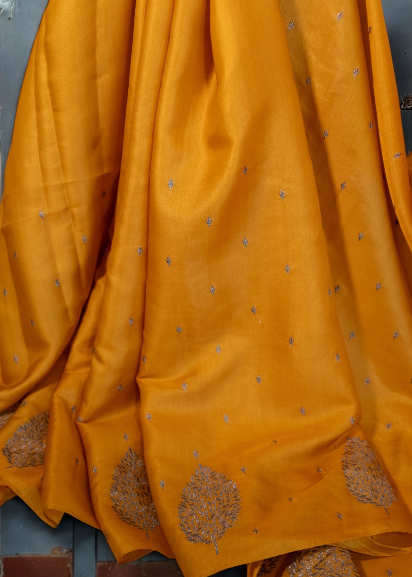 Yellow Butter Silk Saree with Grey Motifs