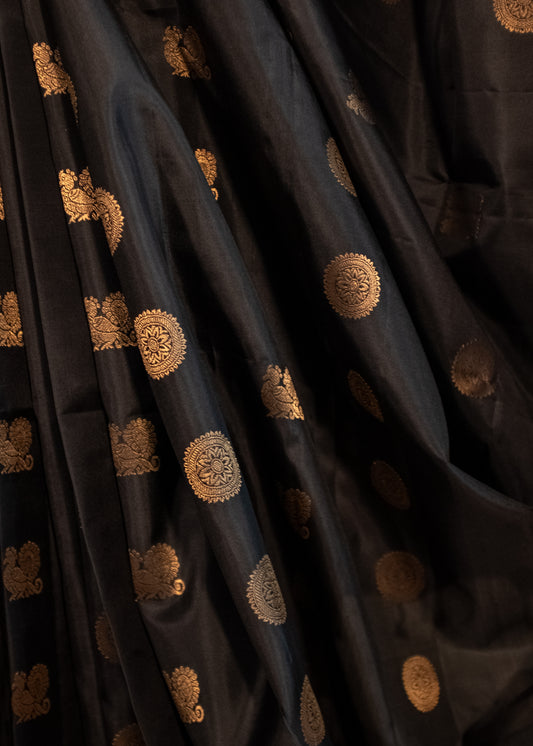 Pure Handloom Kanchivaram Soft Silk Saree - Black with Gold Motfis
