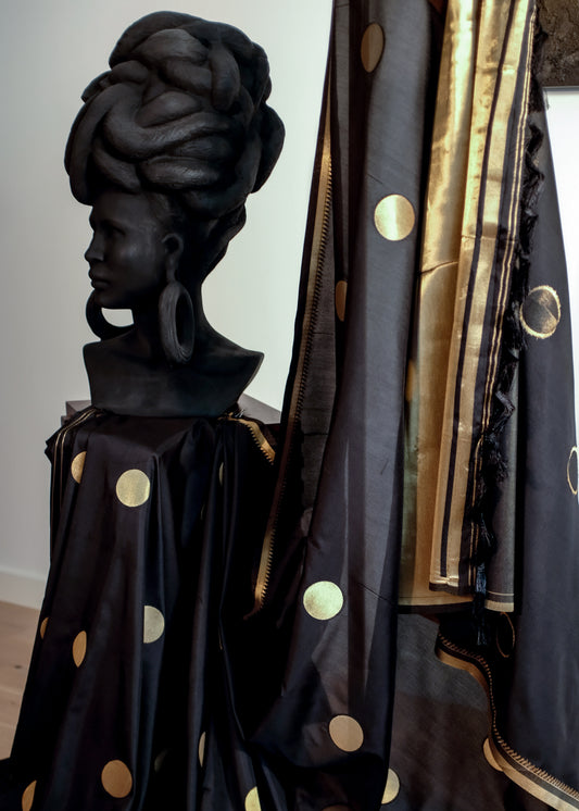 Black Semi Katan Silk - Polka Dot Saree