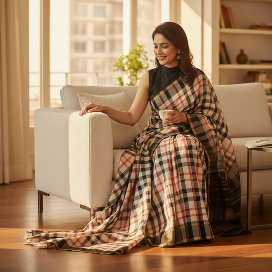 Black/Red/White Statement Checkered Pure Kanchivaram silk saree