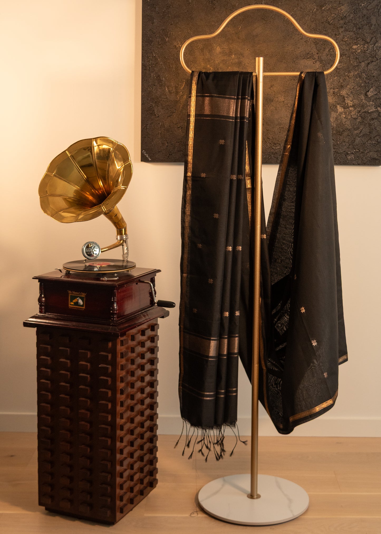 Black with Gold Motifs Maheshwari Silk Cotton Saree