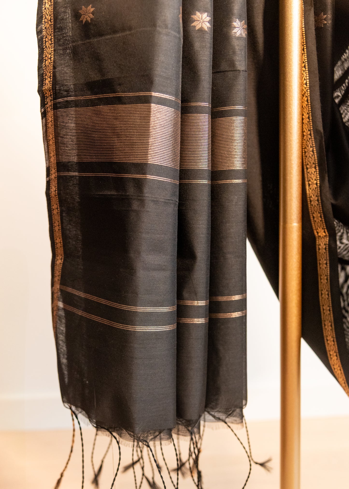 Black with Gold Motifs Maheshwari Silk Cotton Saree