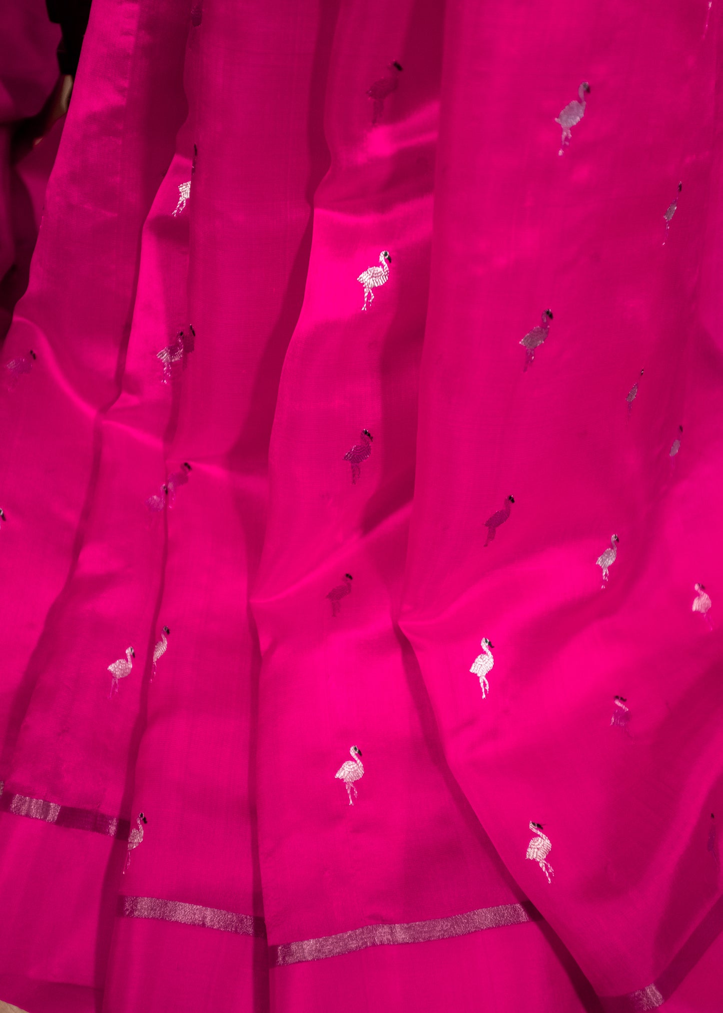 Bright Pink with Bird Motifs Chanderi Soft Silk Saree(handloom)