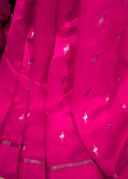 Bright Pink with Bird Motifs Chanderi Soft Silk Saree(handloom)
