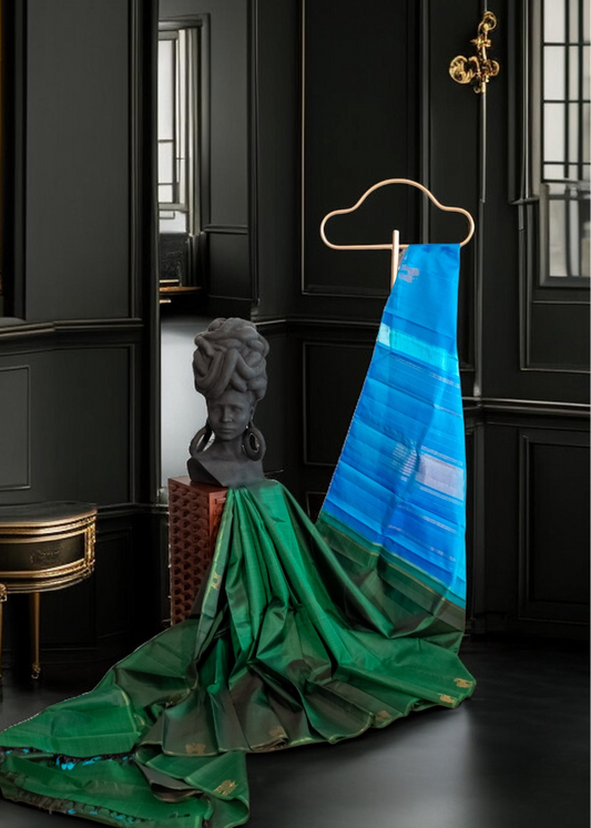 Pure Kanchivaram Silk Saree(green with contrast blue pallu)