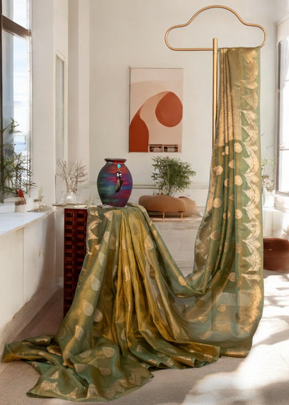 Yellowish Green Banarasi Tissue Saree