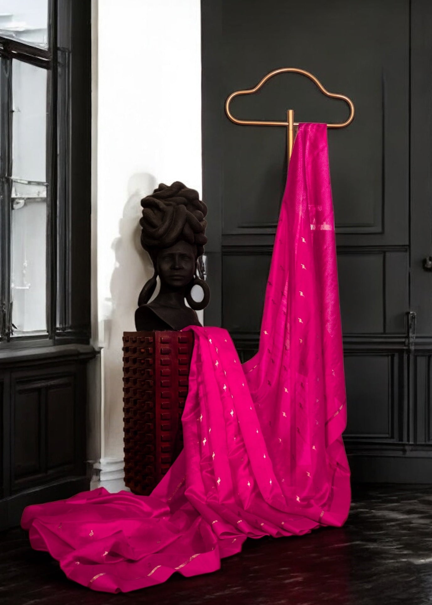 Bright Pink with Bird Motifs Chanderi Soft Silk Saree(handloom)