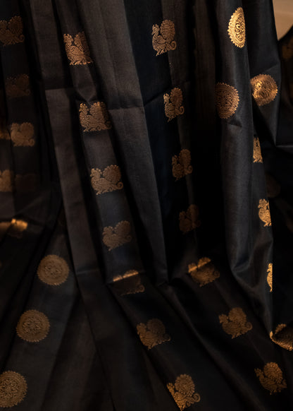 Pure Handloom Kanchivaram Soft Silk Saree - Black with Gold Motfis