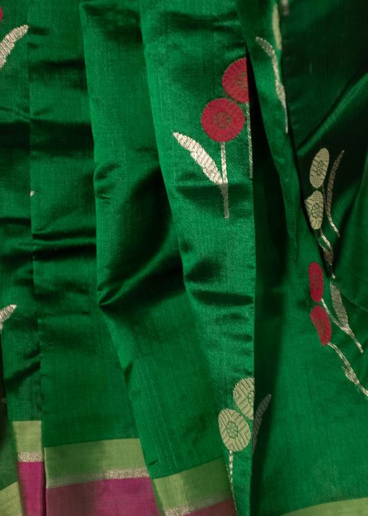 Lustrous Dark Green Floral Motifs Chanderi Soft Silk