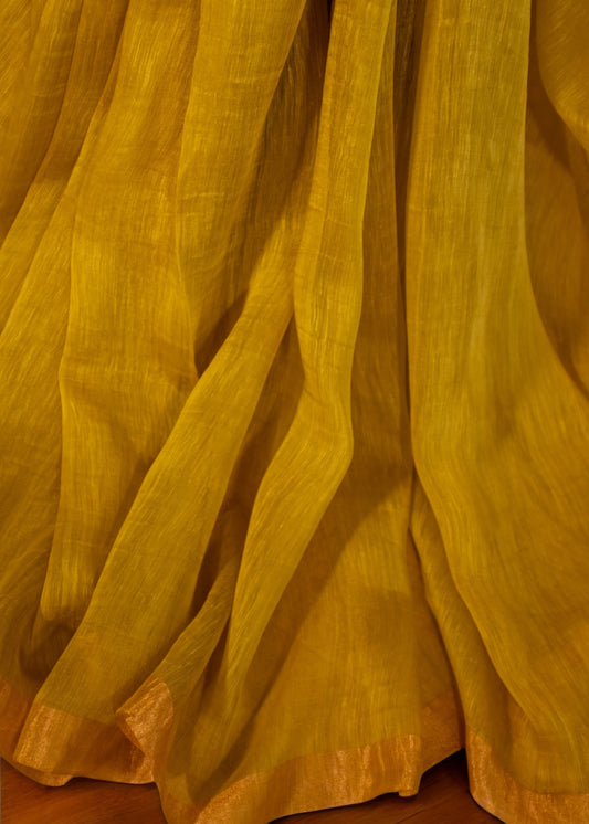 Yellowish green silk linen handwoven jamdani saree