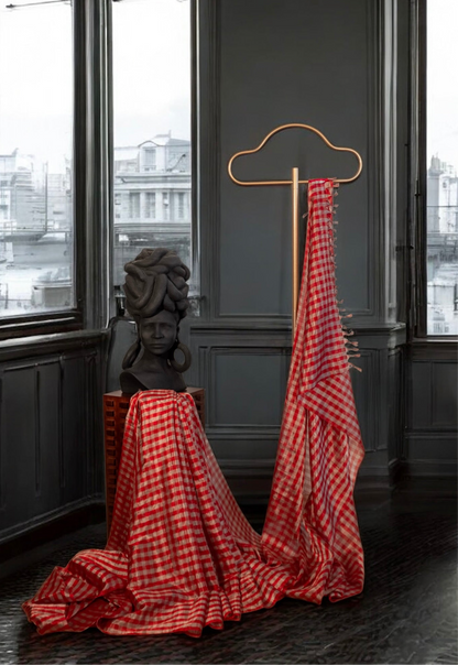 Red & Silver Checkered Pure Chanderi Handloom Tissue Soft Silk Saree
