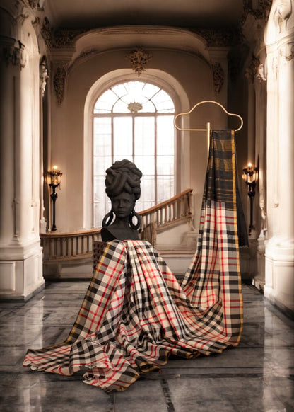 Black/Red/White Statement Checkered Pure Kanchivaram silk saree