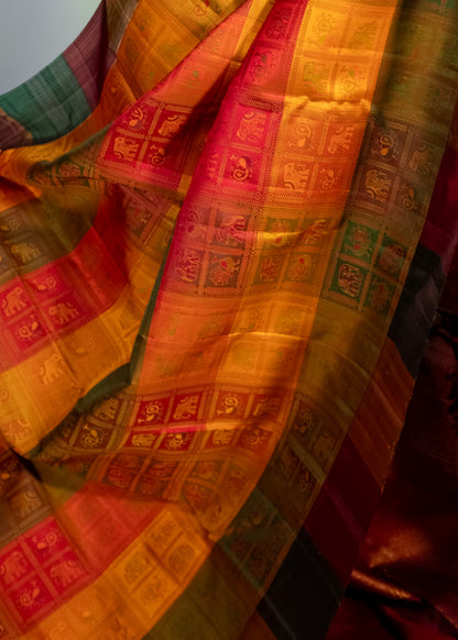 Colorful traditional fabric with patterns on a plain background pure-handloom-kanchivaram-silk-saree-madras-check