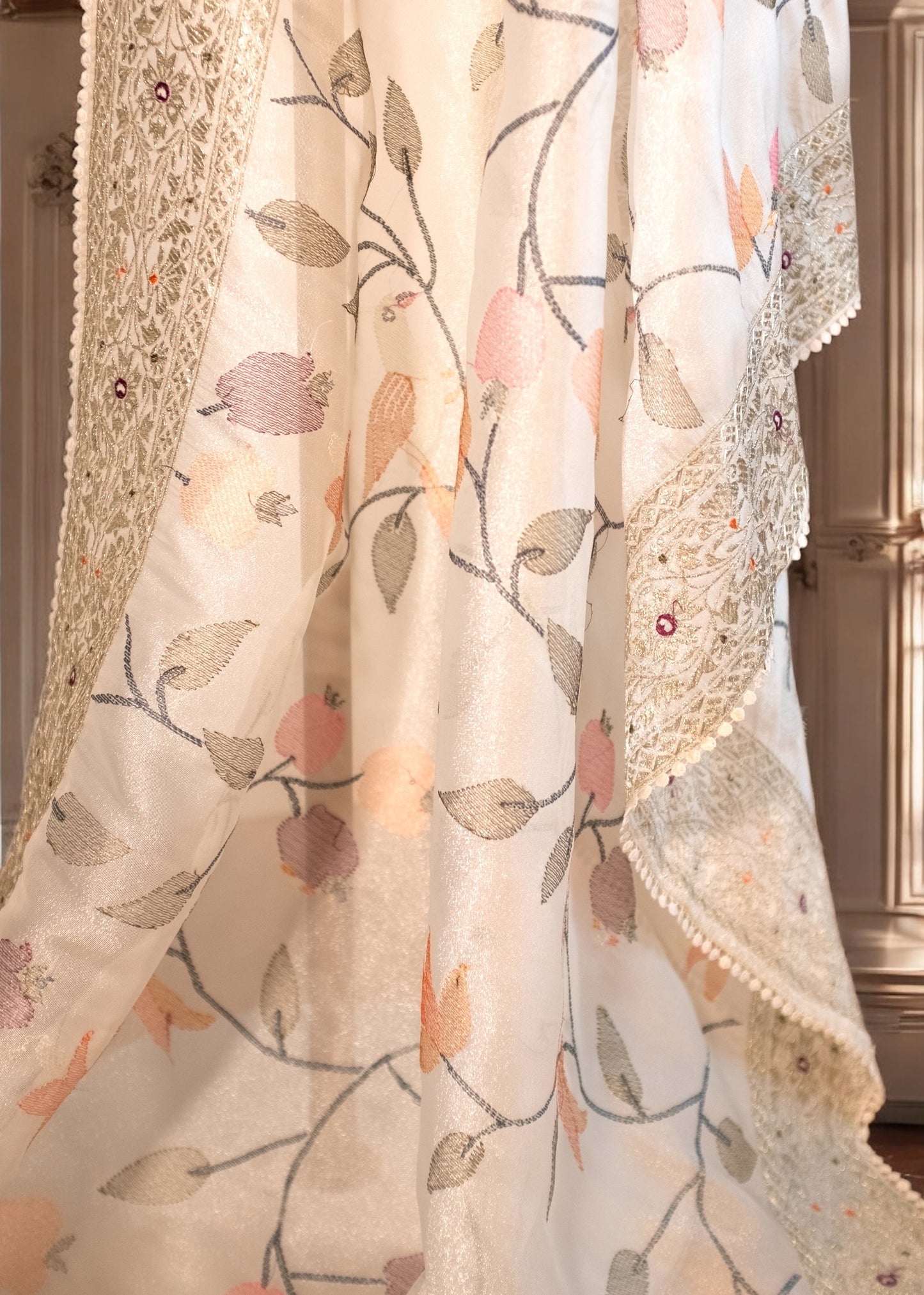 White Embroidered Tissue Organza Saree