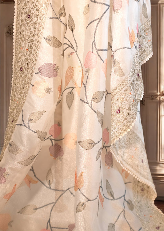 White Embroidered Tissue Organza Saree