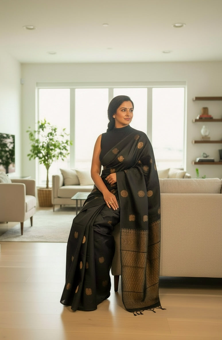 Pure Handloom Kanchivaram Soft Silk Saree - Black with Gold Motfis