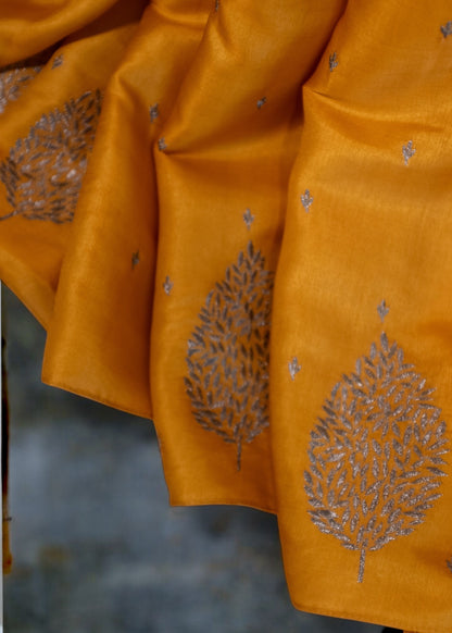 Yellow Butter Silk Saree with Grey Motifs