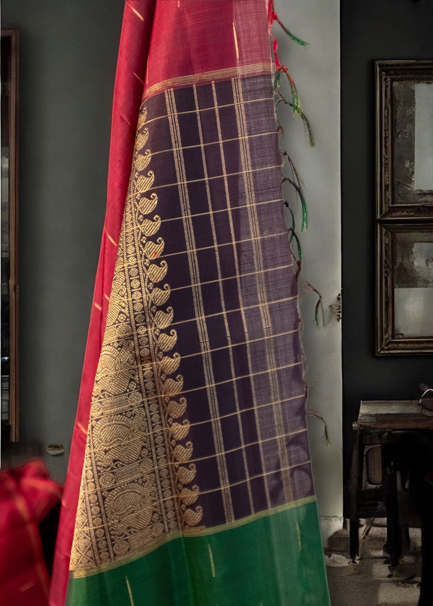 Maroon-Black-Green Pure Kanchivaram Silk Saree