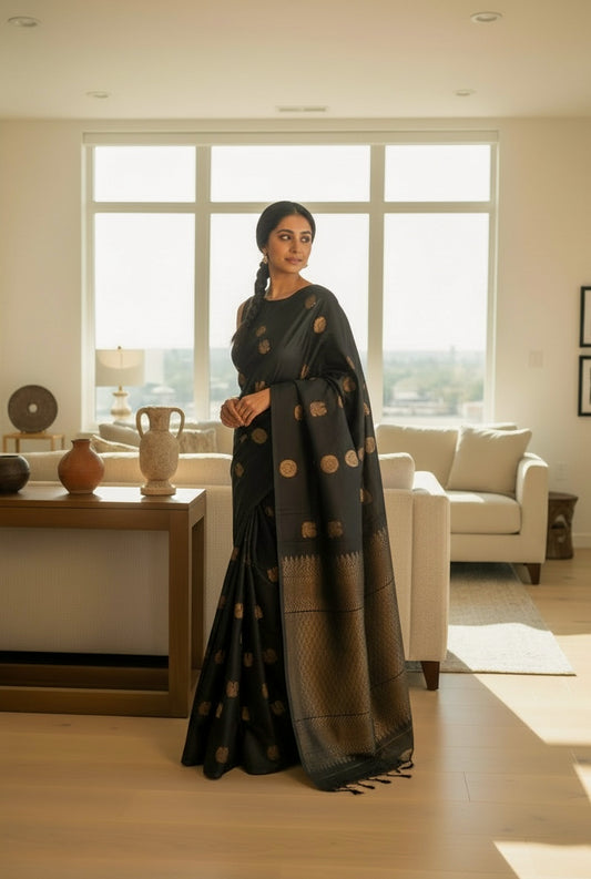 Pure Handloom Kanchivaram Soft Silk Saree - Black with Gold Motfis