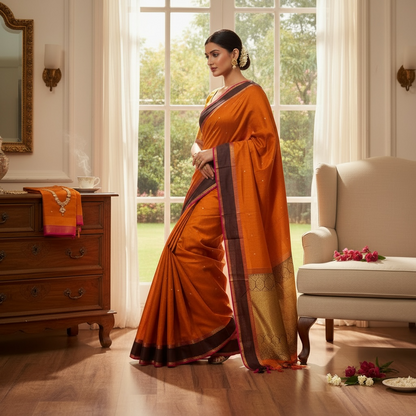 Pure Handloom Kanchivaram Silk Saree - Rust and Black