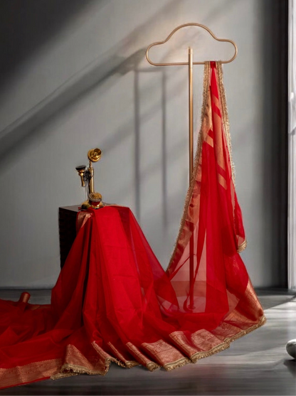 Bright Red Organza Silk Saree
