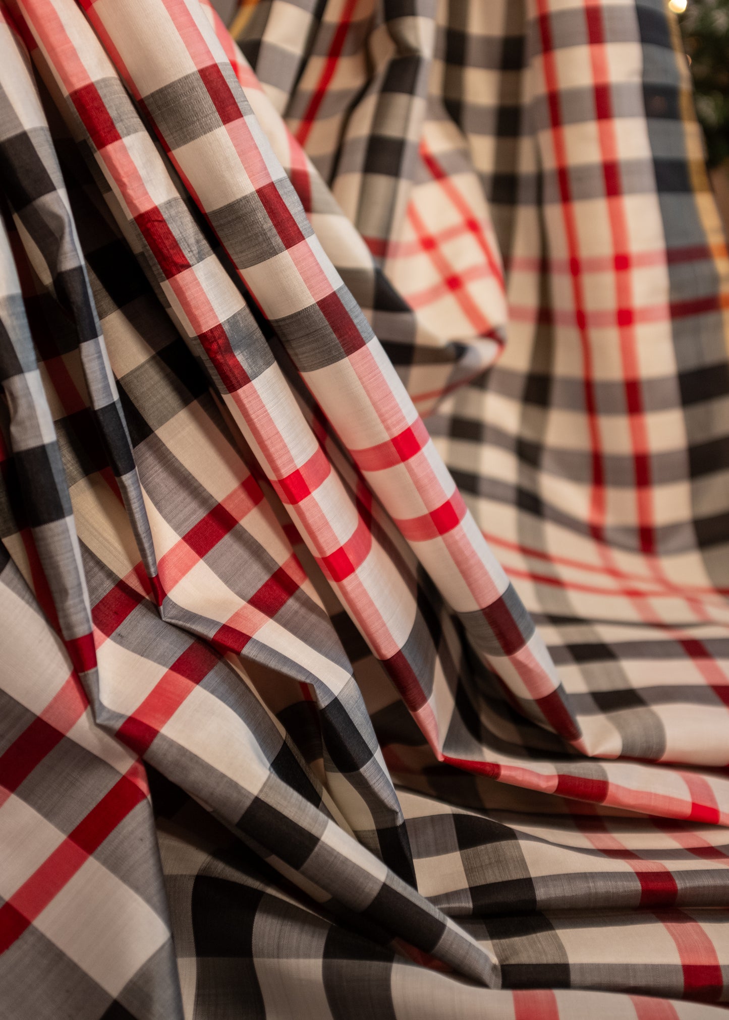 Black/Red/White Statement Checkered Pure Kanchivaram silk saree