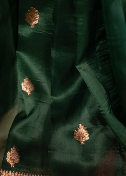 Bottle Green Banarasi Organza Silk Saree(handloom)