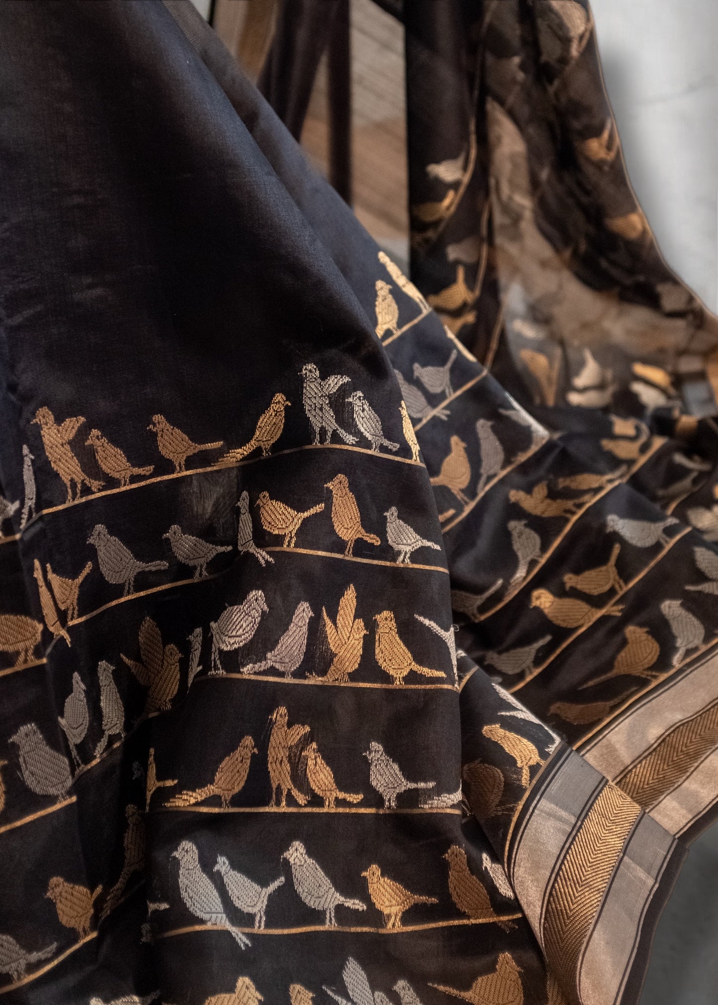 Black Chanderi Handloom Soft Silk with Bird Motifs