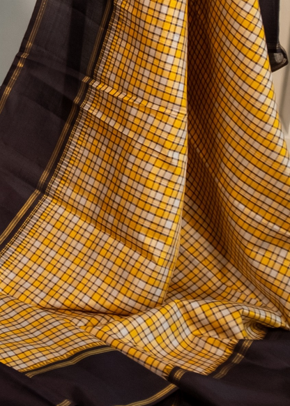 Pure Handloom Kanchivaram Soft Silk Saree - Yellow-Black-Checks