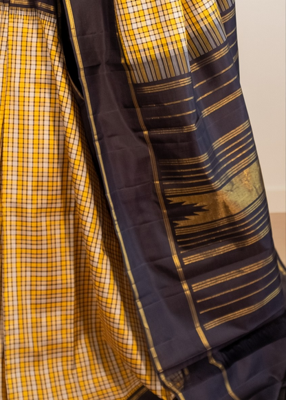 Pure Handloom Kanchivaram Soft Silk Saree - Yellow-Black-Checks