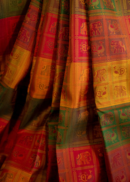 Close-up of multi-coloured Kanchivaram silk fabric texture