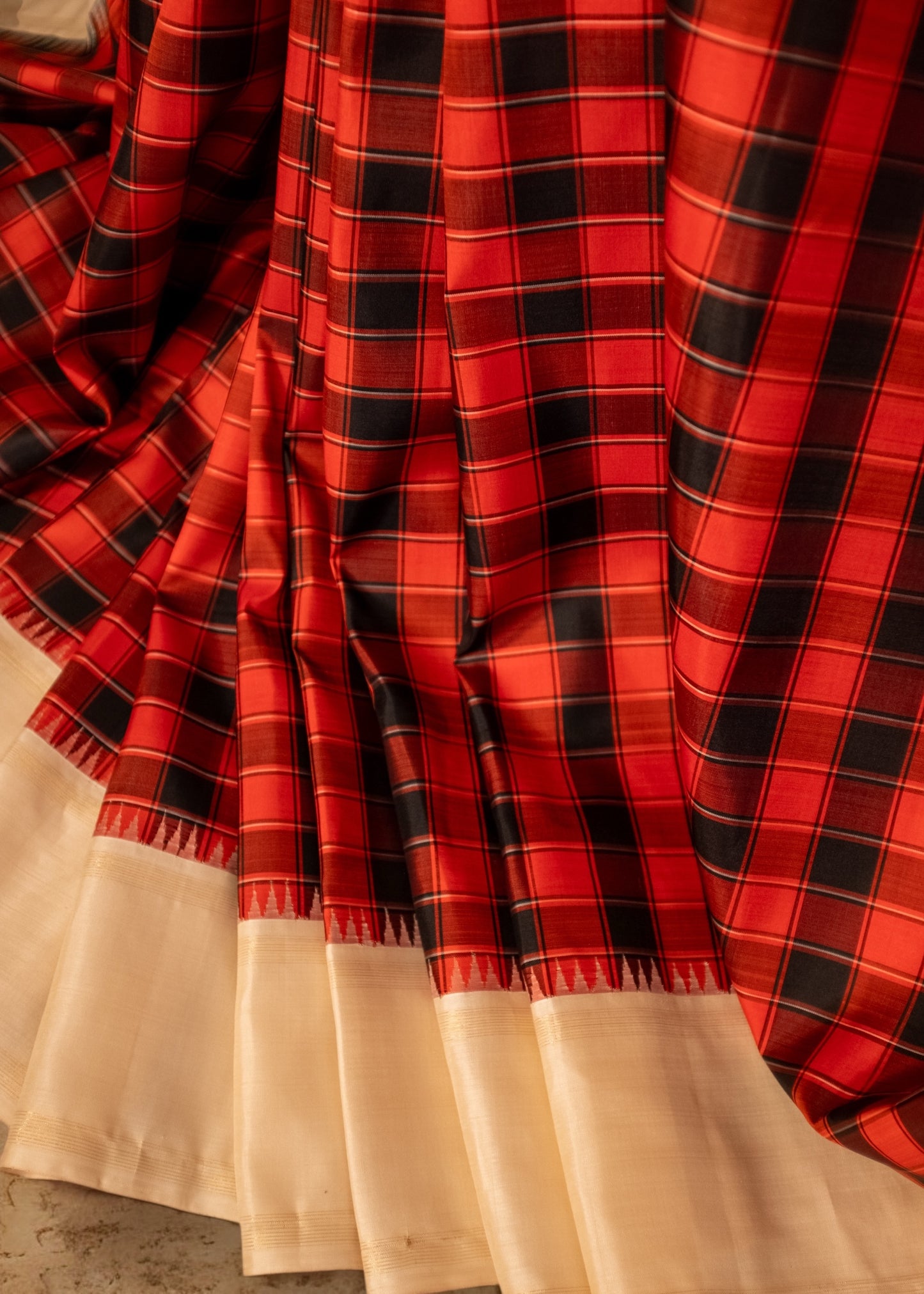 Black and Red Checkered Pure Kanchivaram silk saree