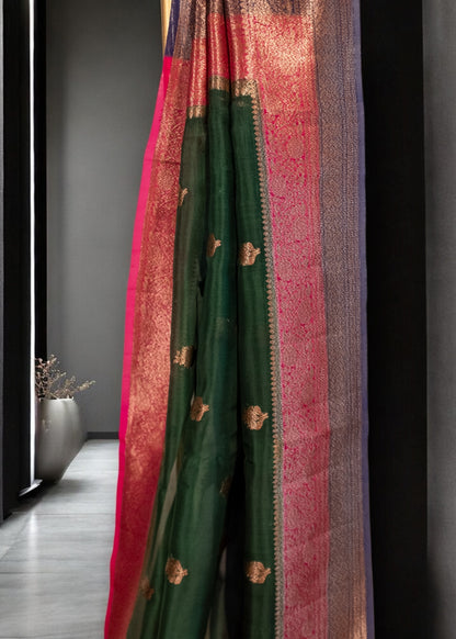 Bottle Green Banarasi Organza Silk Saree(handloom)