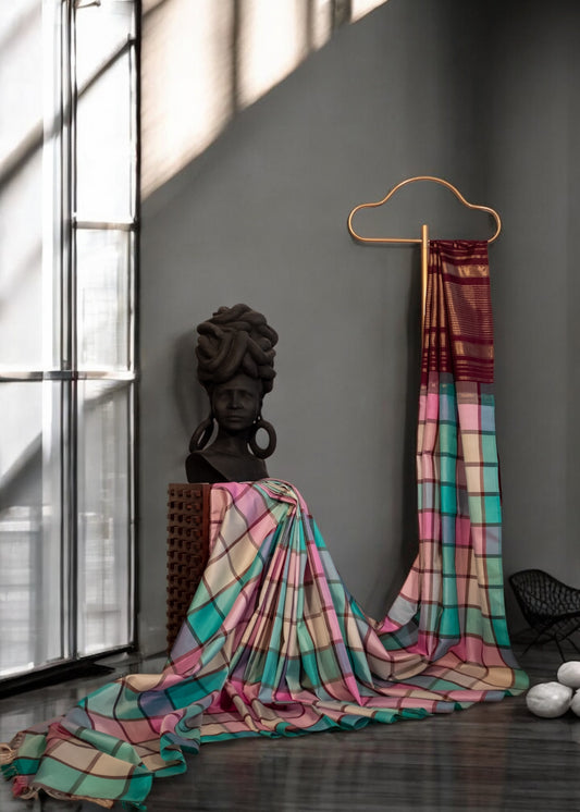 Pastel Checkered Pure Kanchivaram silk saree