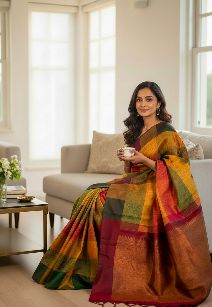 Woman in a colorful pure-handloom-kanchivaram-silk-saree-madras-check saree holding a cup in a living room.  Woman wearing multi-coloured Kanchivaram silk saree for festive occasion
