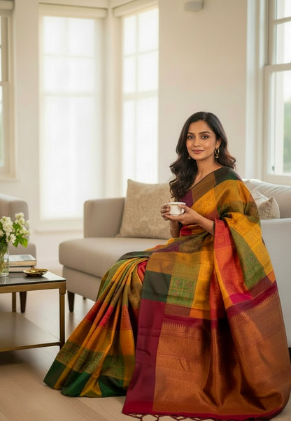 Woman in a colorful pure-handloom-kanchivaram-silk-saree-madras-check saree holding a cup in a living room.  Woman wearing multi-coloured Kanchivaram silk saree for festive occasion
