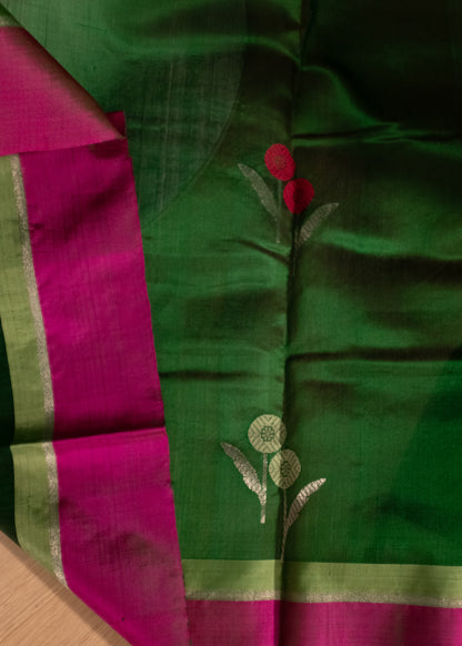 Lustrous Dark Green Floral Motifs Chanderi Soft Silk