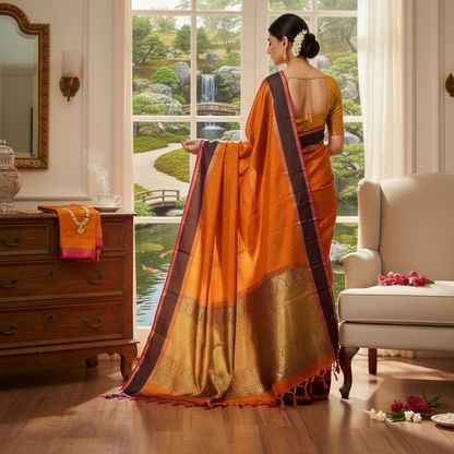 Pure Handloom Kanchivaram Silk Saree - Rust and Black